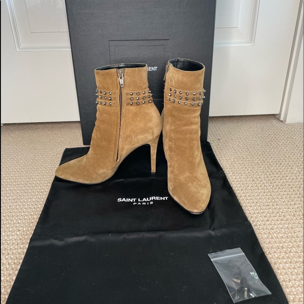 Authentic Saint Laurent Women Tan Suede Ankle Boot with silver spikes size:37.5